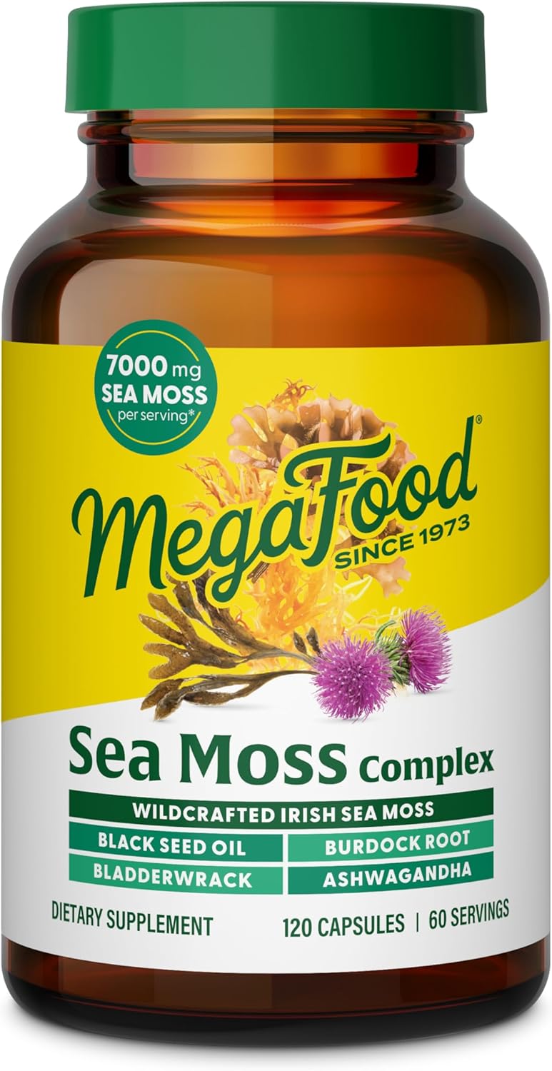 MegaFood Sea Moss Complex - Irish Sea Moss 7000mg Per Serving Plus Black Seed Oil, Burdock Root, Bladderwrack & Ashwagandha - Vegan Gut Health & Immune Support Supplement, 120 Capsules, 60 Servings