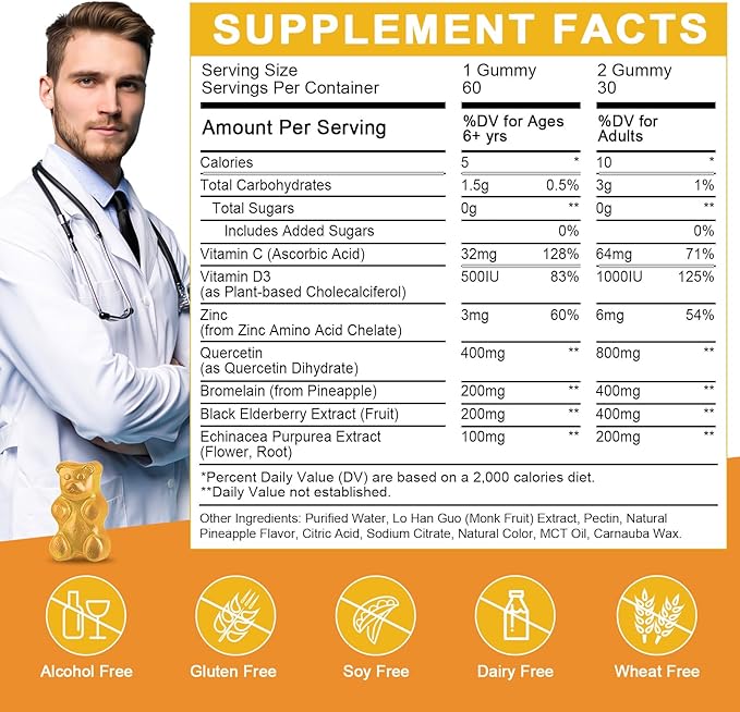 Quercetin Gummies with Bromelain for Adults & Kids - Immune & Seasonal Wellness Support, 800mg Quercetin with Bromelain, Zinc, Elderberry, Vitamin C & D3 - Sugar Free, Vegan, Pineapple Flavor, 60 Ct