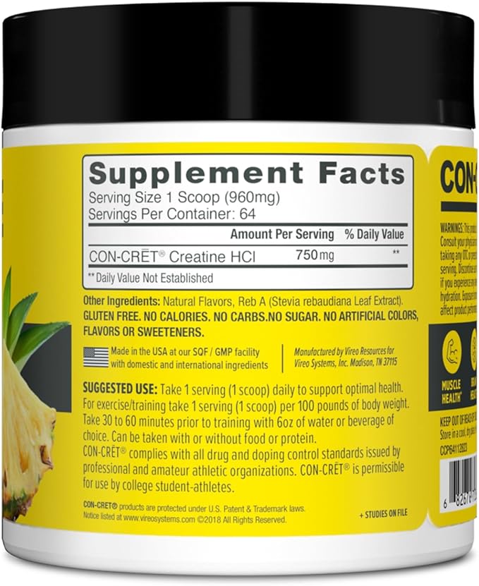 CON-CRET Creatine HCl Powder | Muscle, Cognitive, Cellular Energy Support | No Bloating or Cramps | USA Made & NSF Certified | Pineapple (64 Serving)