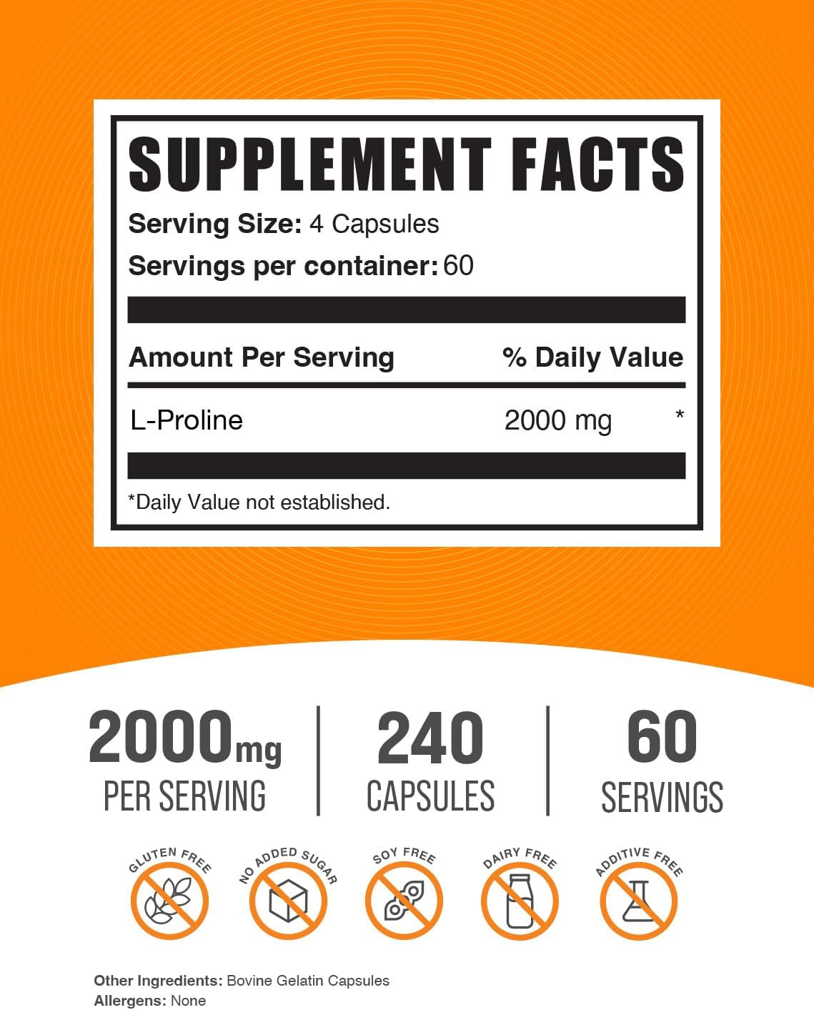 BulkSupplements.com L-Proline Capsules - Amino Acid Supplement, L-Proline 2000mg, Proline Supplements - Gluten Free, 4 Capsules per Serving, 240 Count (Pack of 1)