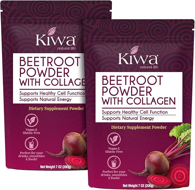 Kiwa Beetroot Powder with Collagen 2-Pack – Vegan, Gluten-Free Dietary Supplement – Supports Natural Energy & Healthy Cell Function – 7oz Bags