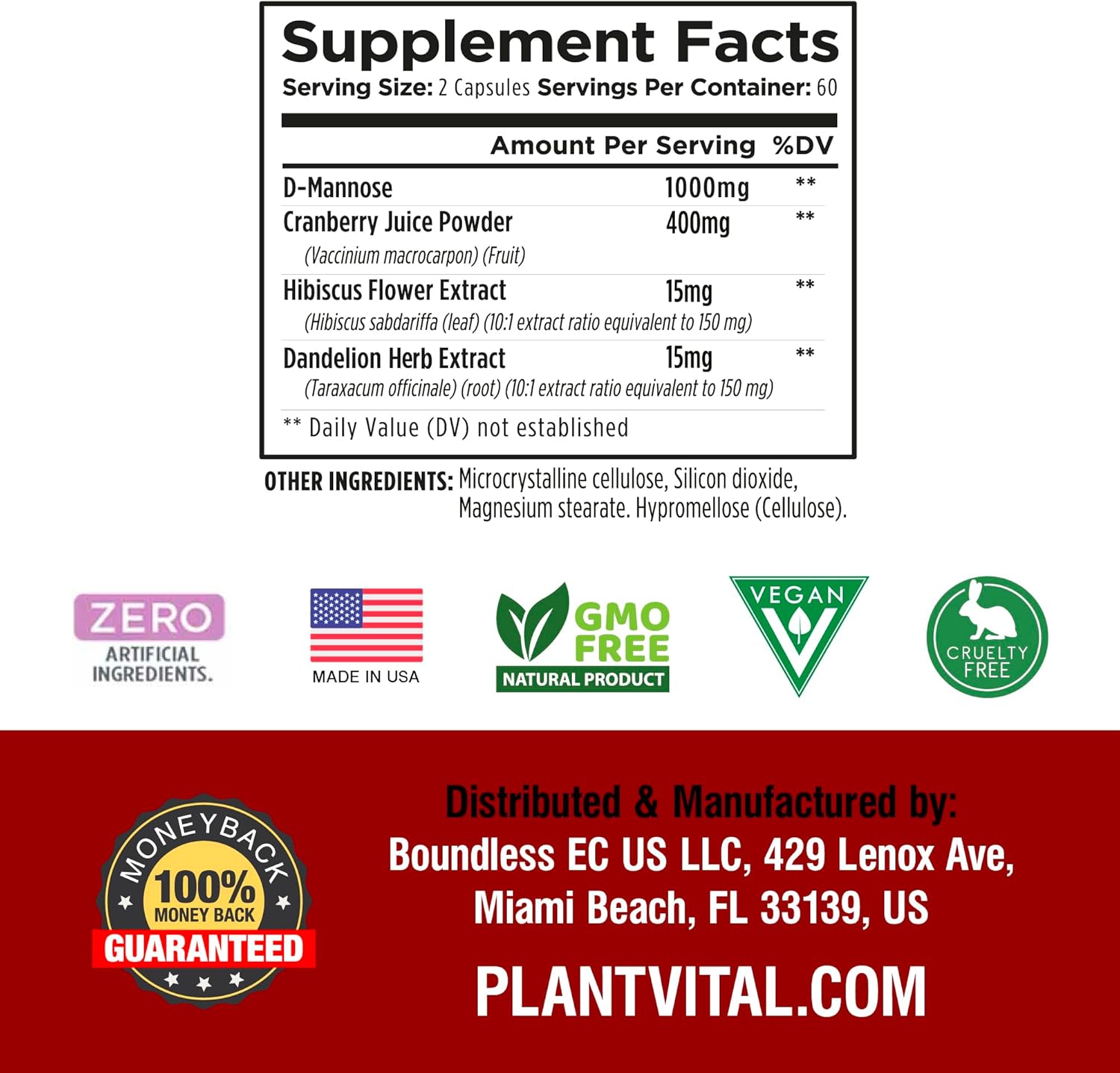 Plantvital D Mannose Capsules with Cranberry - D-mannose 1000mg Capsules - High Potency for Bladder, Kidney and Urinary Tract Support. Cranberry Powder with Hibiscus and Dandelion. 2 Months Supply