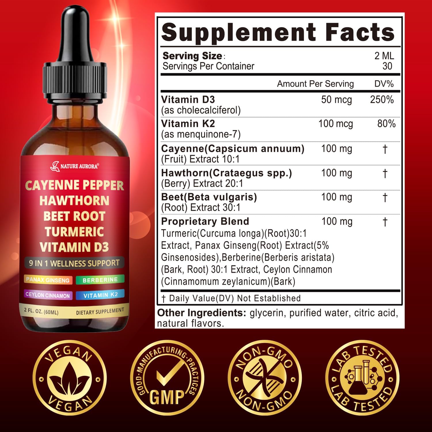9 in1 Cayenne Pepper Liquid Drops - Cayenne Pepper Extract Drops Supplement Liquid + Hawthorn Berry, Beetroot, Turmeric, Vitamin K2 & D3 - Digestion, Immune and Circulation Support - 2 Fl Oz