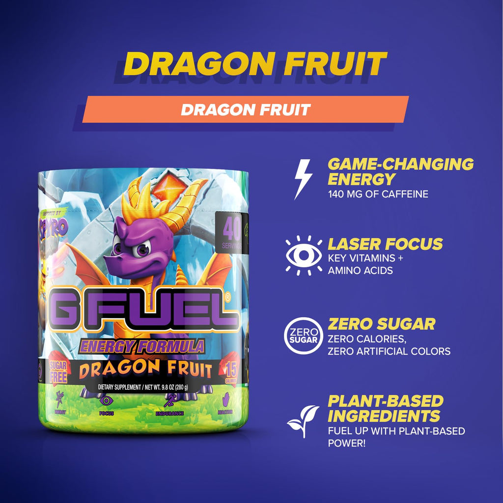 G Fuel Spyro The Dragon Energy Drink Powder, Pre Workout Caffeine Mix for Gaming, Sugar Free Focus Amino, Vitamin + Antioxidants, 9.8oz (Dragon Fruit, 40 Servings)