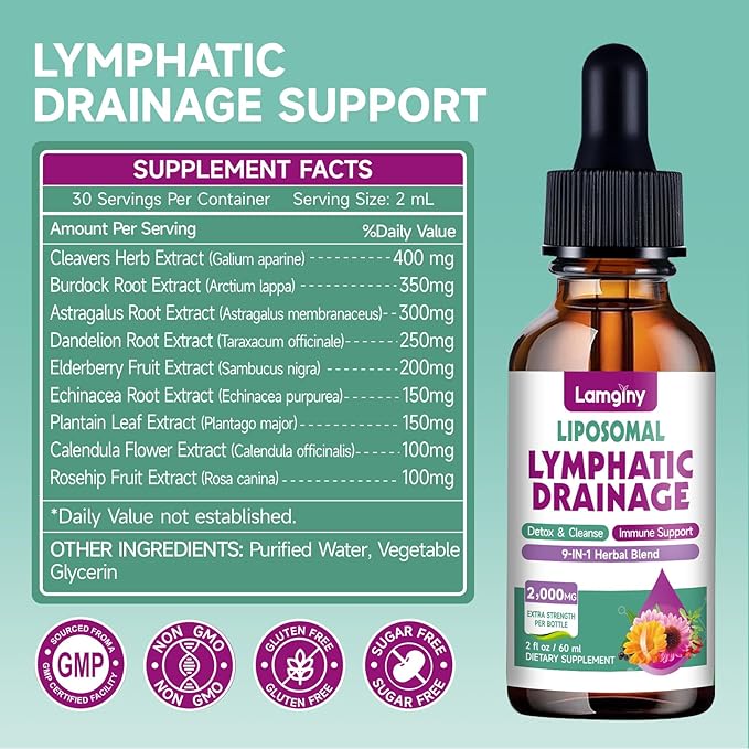 Liposomal Lymphatic Drainage Drops, 9-In-1 Lymphatic Drainage Supplements for Detox & Cleanse, with Echinacea, Dandelion, Elderberry, Burdock Root & Cleavers, Immune & Lymph System Support, 2 FL OZ