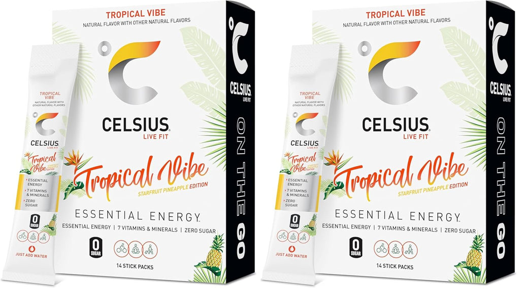 CELSIUS On The Go TROPICAL VIBE, Sugar Free Energy Drink Mix (14 Sticks per Pack) (Pack of 2)