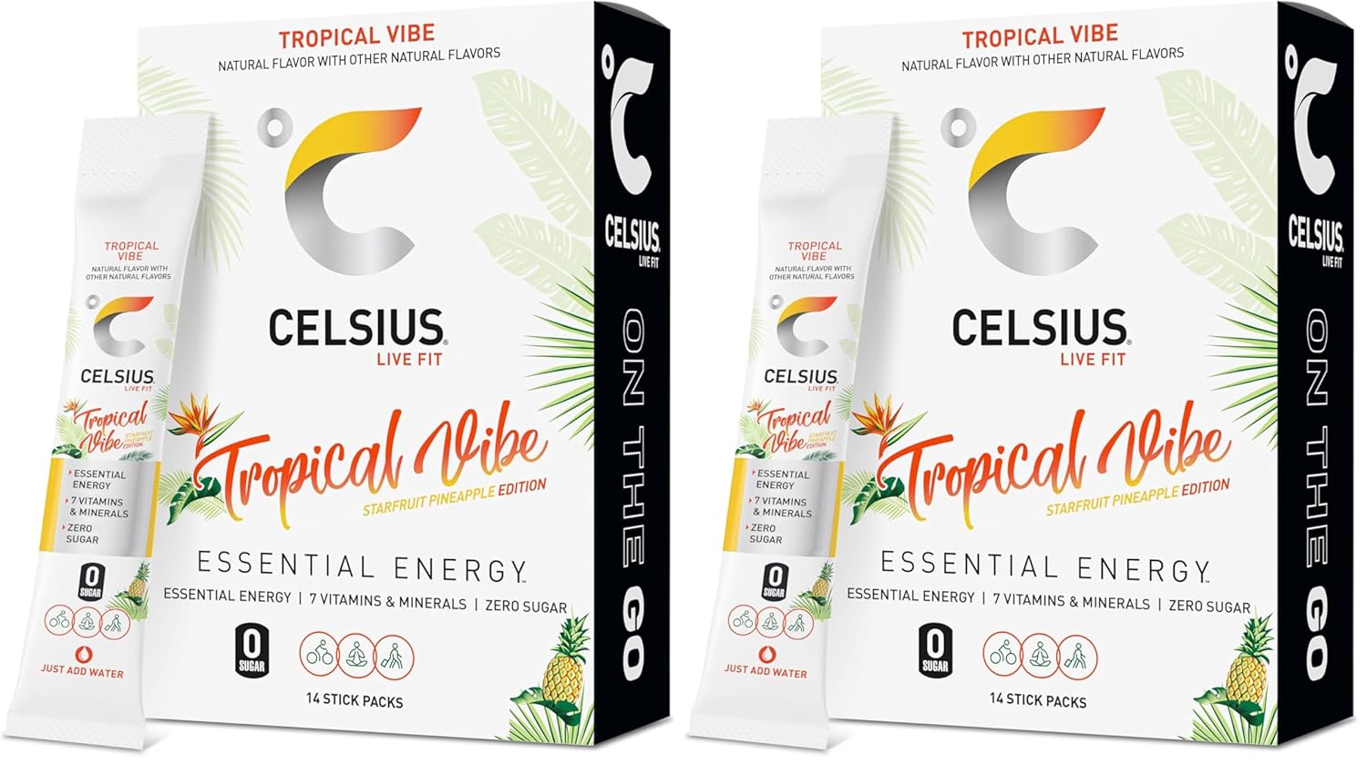 CELSIUS On The Go TROPICAL VIBE, Sugar Free Energy Drink Mix (14 Sticks per Pack) (Pack of 2)