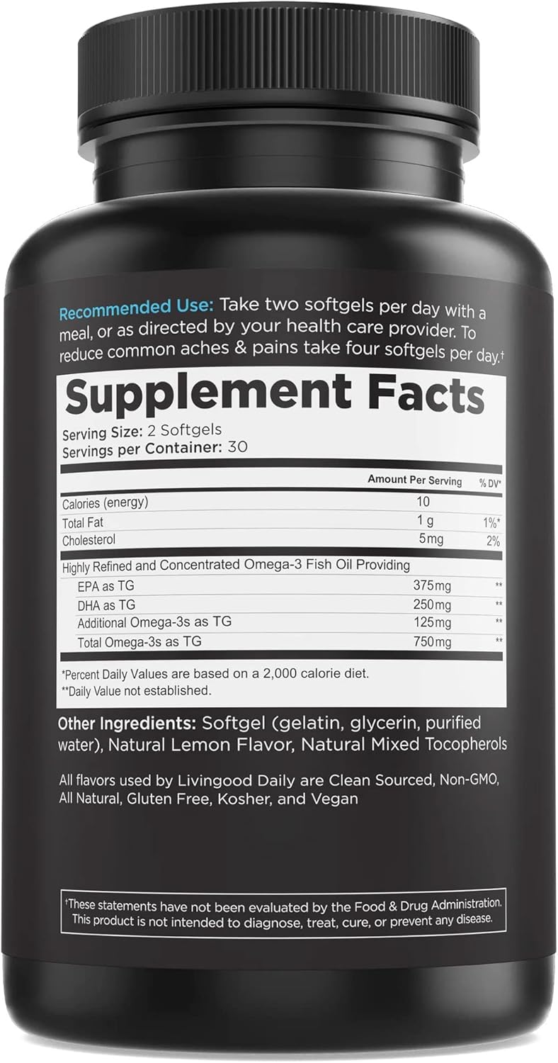 Livingood Daily Fish Oil Omega 3 Supplement, EPA and Dha from Wild Caught Fish, Omega 3 Fatty Acids for Heart, Brain, and Joint Health for Men and Women, Gluten Free, 30 Day Supply, 60 Softgels