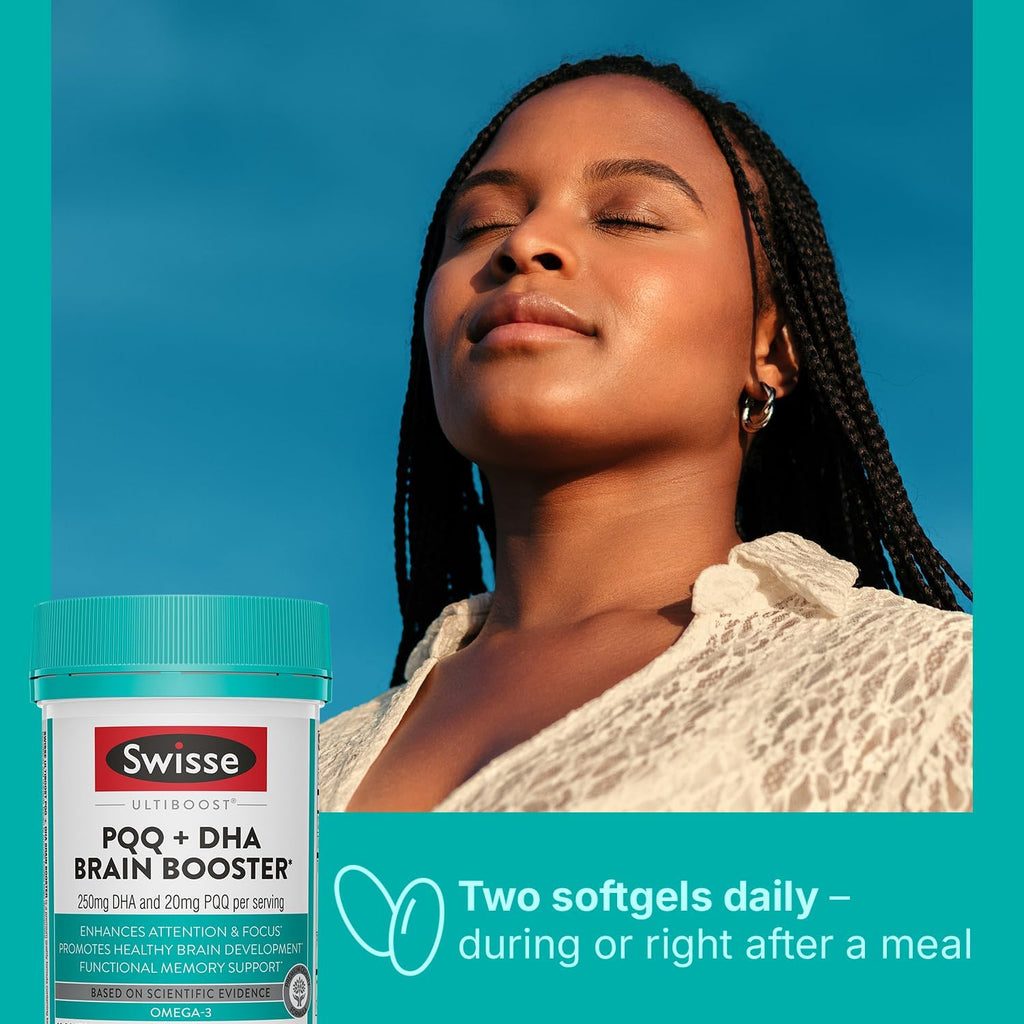 Swisse PQQ + DHA Brain Booster | Supports Brain & Heart Health | Enhances Attention & Focus | Functional Memory Support | Promotes Efficient Metabolism & Mitochondrial Health | 30 Softgels