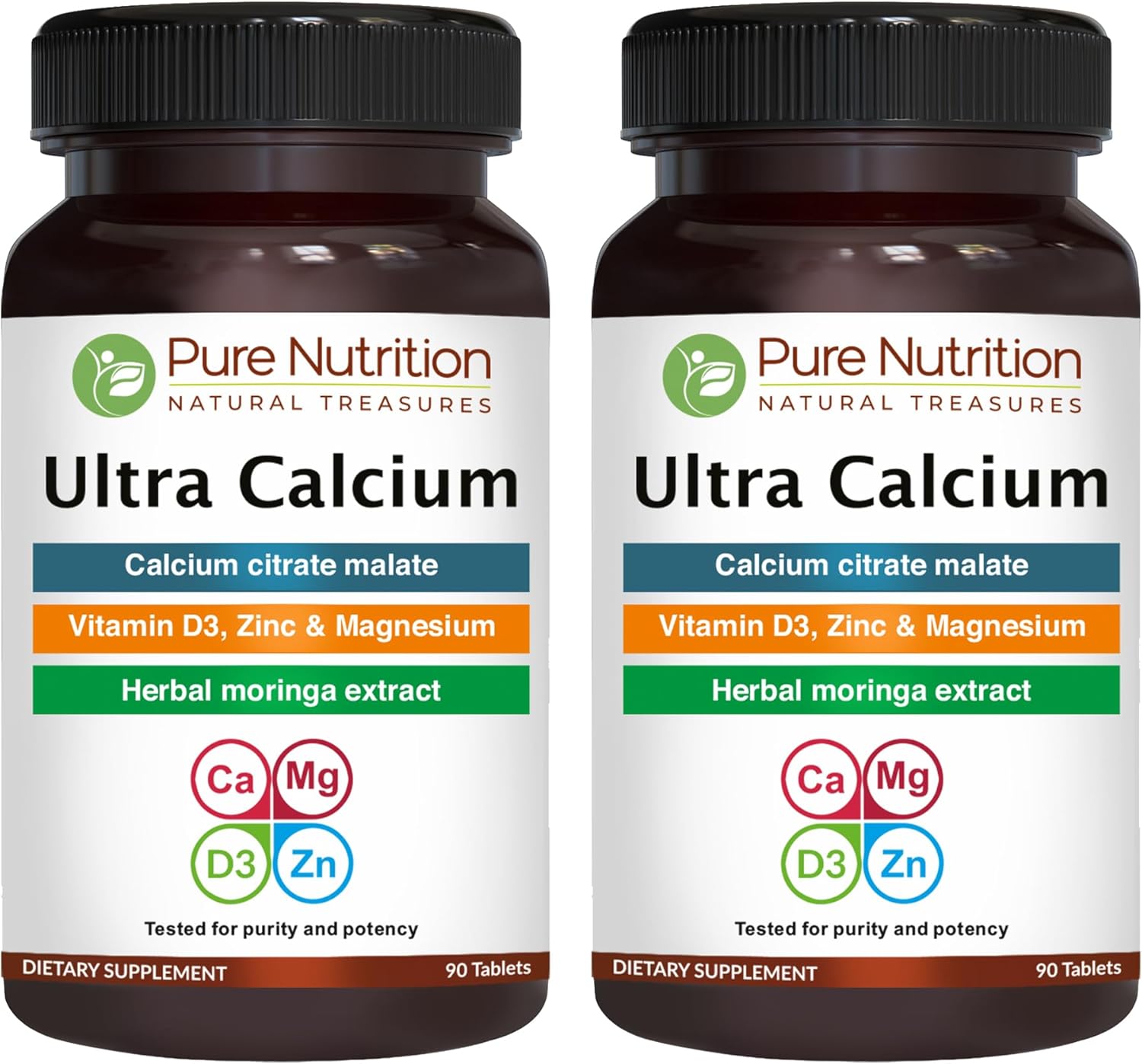 Pure Nutrition Ultra Calcium 1000mg with VIT D3 + K2 | 180 Tabs (90 X Pack of 2) | Highly absorbable Calcium Supplement with Calcium Citrate Malate, VIT D3, K2, Moringa Oleifera, Magnesium and Zinc.