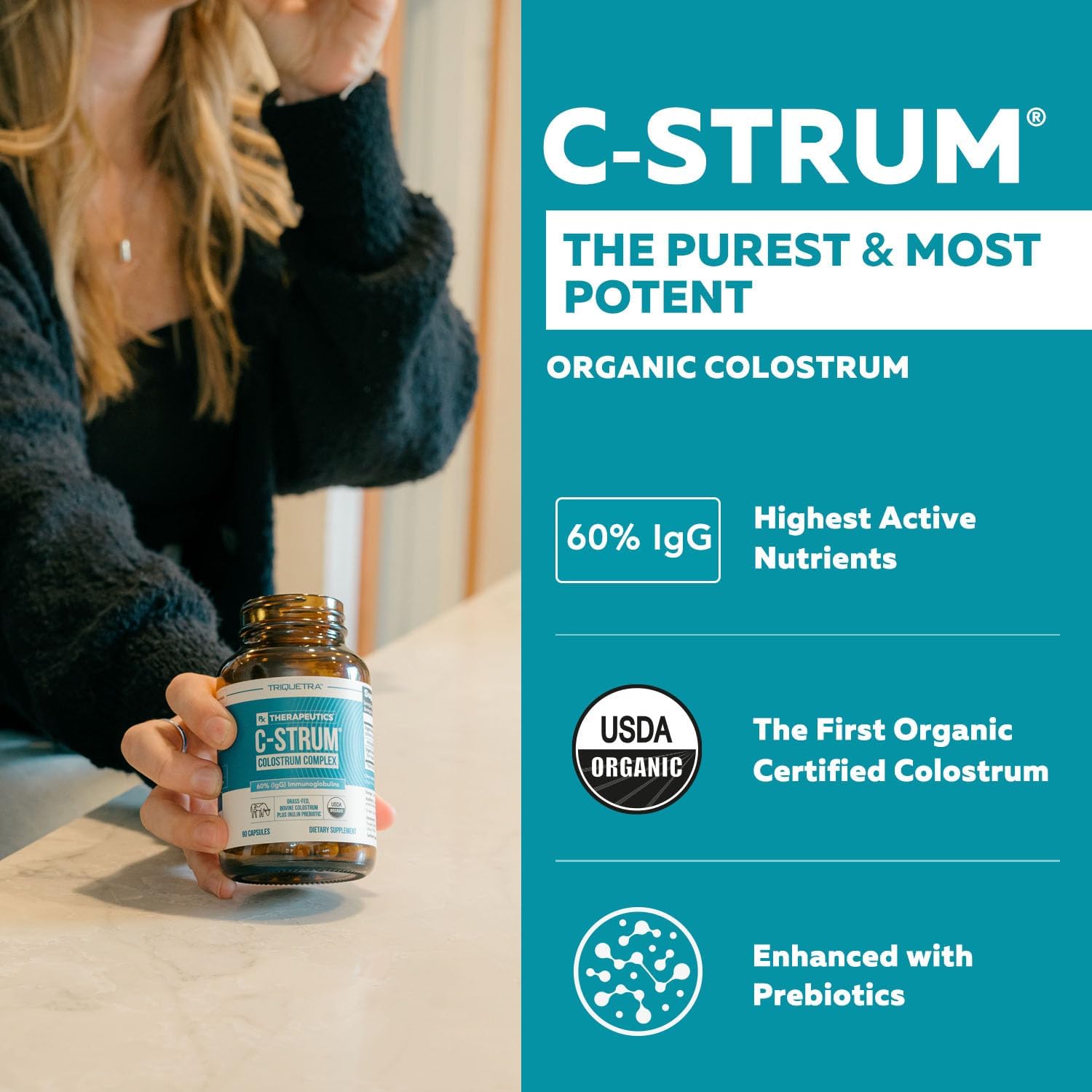 C-Strum® Organic Bovine Colostrum Supplement, 60% igG, First Milking, Grass Fed, Max Strength Colostrum Capsules from German Dairy Cows - Gut, Immunity, Skin & Hair Support (90 count)