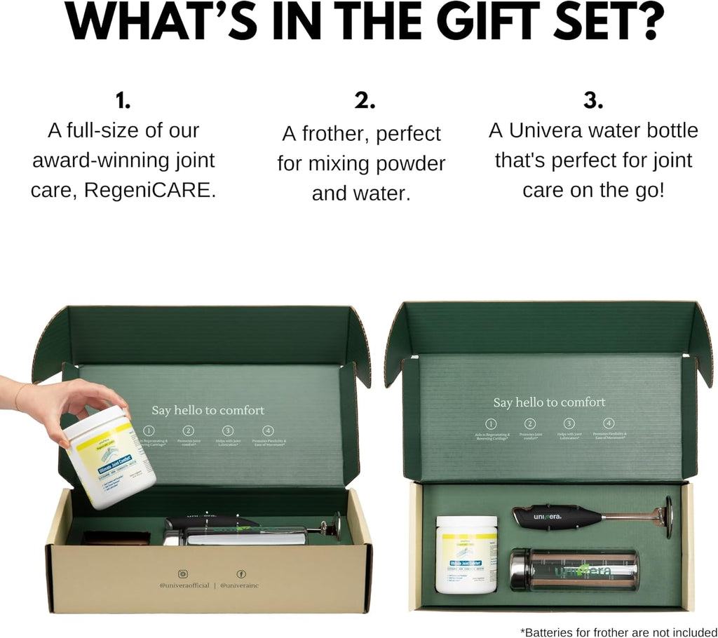Univera RegeniCARE Gift Set with Bottle and Frother – Joint Support with Glucosamine, Univestin, MSM, Chondroitin – 30 Servings, Lemon
