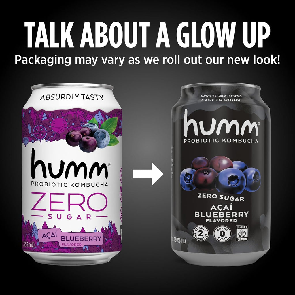 Humm Probiotic Kombucha Zero Sugar Acai Blueberry, No Refrigeration Needed, Keto Friendly, Organic, Vegan, Gluten Free, 12oz Cans (16 Pack)