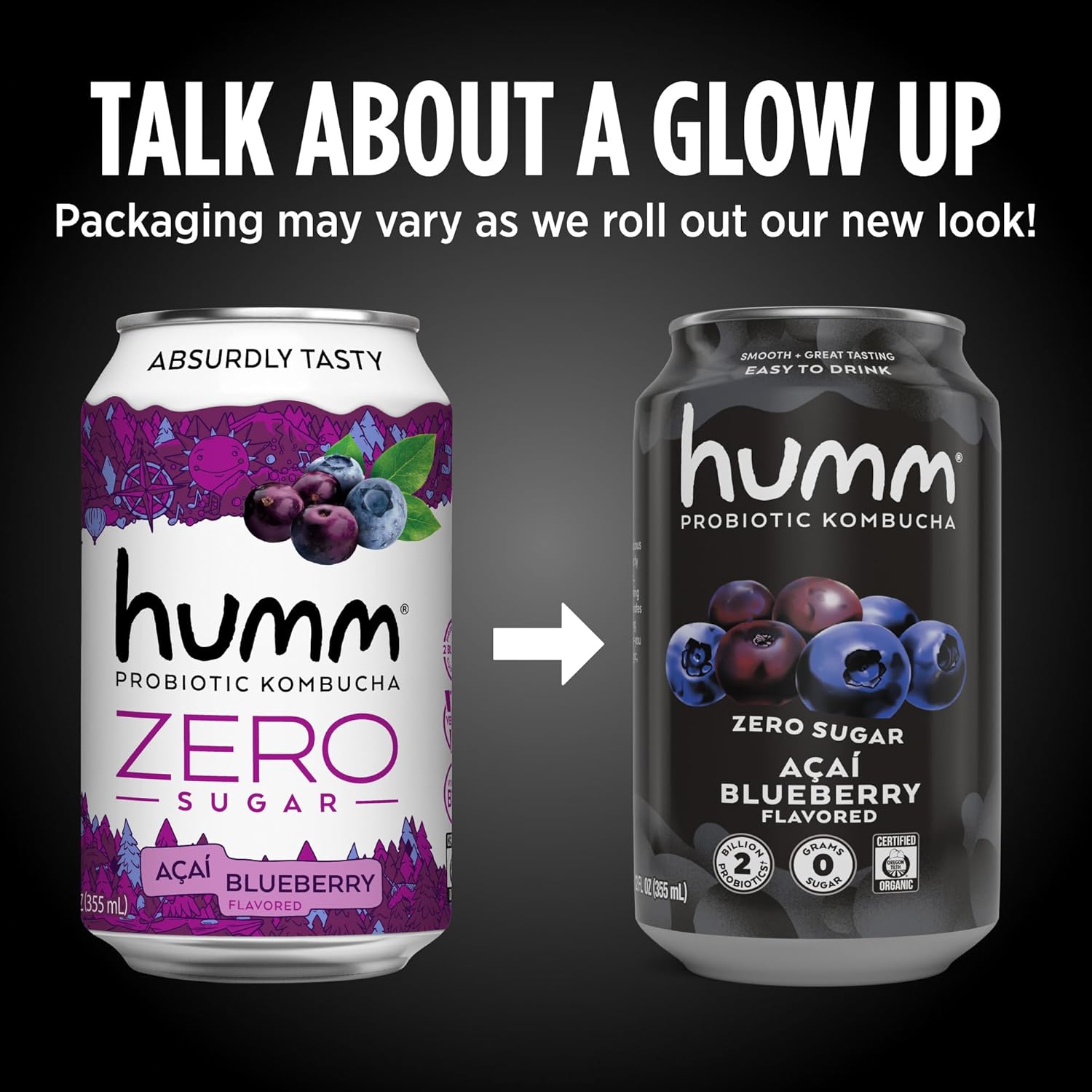 Humm Probiotic Kombucha Zero Sugar Acai Blueberry, No Refrigeration Needed, Keto Friendly, Organic, Vegan, Gluten Free, 12oz Cans (8 Pack)