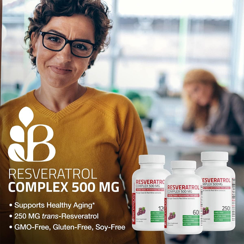 Bronson Resveratrol 500 Complex Standardized Trans-Resveratrol + Grape Seed & Red Wine Extract, 250 Capsules