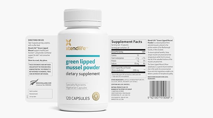 Xtendlife Green Lipped Mussel Powder - 2400mg Supplement with Omega-3 Fatty acids from New Zealand for Joint Health, 120 Capsules (3 Pack)