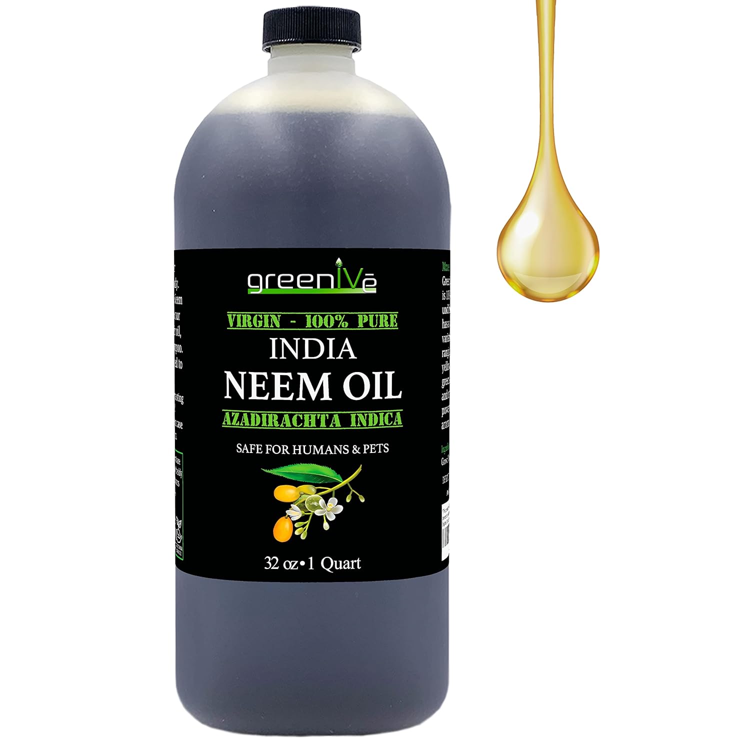 GreenIVe 100% Organically Grown Neem Oil, Cold-Pressed Virgin, Pure & Natural, 32 oz - Ideal for Gardening, Skin Care, Hair Care & Pet Care