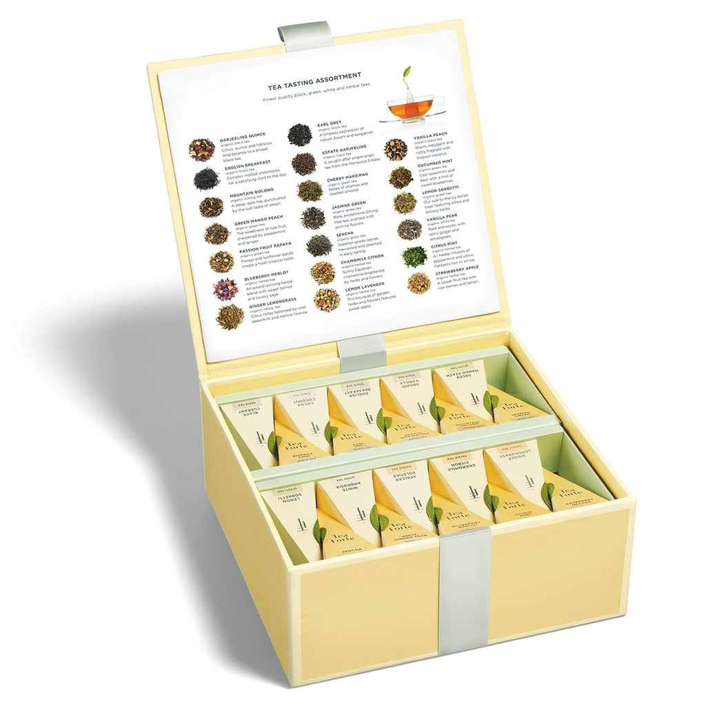 Tea Forte Tea Tasting Assortment Premium Tea Chest Gift Sampler, 40 Count, 2 of each Variety Blend Individually Wrapped Handcrafted Pyramid Infuser Bags