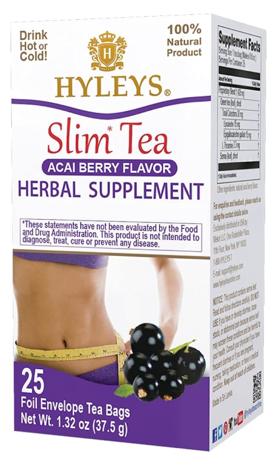 Hyleys Slim Tea Acai Berry Flavor - Weight Loss Herbal Supplement Cleanse and Detox - 25 Tea Bags (6 Pack)