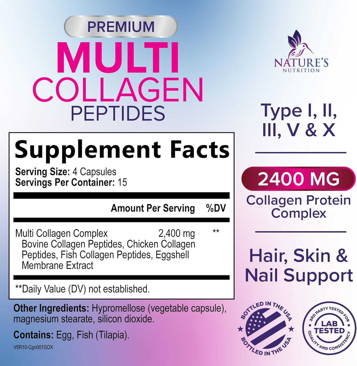 Multi Collagen Supplement 2400 mg - Types I, II, III, V & X Multi Collagen Peptides Pills for Women & Men, Hydrolyzed Collagen Supplements, Hair, Skin, Nail, & Joint Support Supplement - 60 Capsules