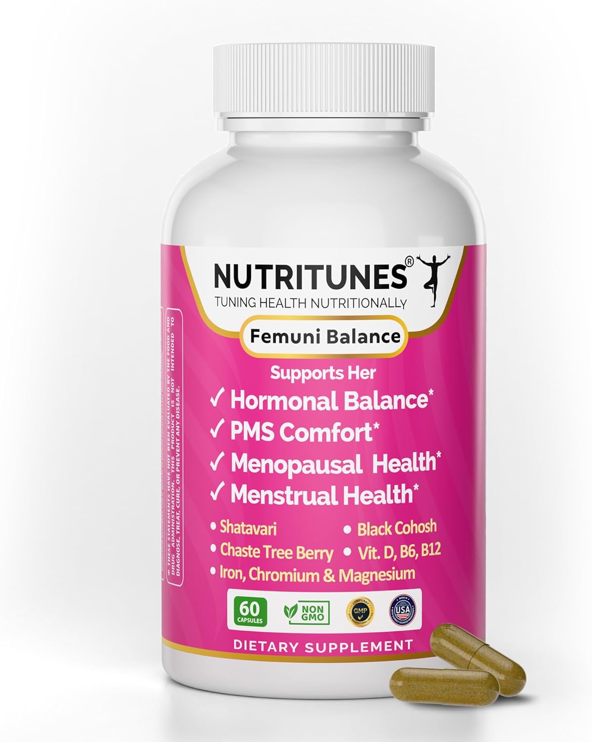 Black Cohosh & Vitex (Chasteberry), Shatavari–Menopause & PMS Support Supplements for Women with Hormone Balance Support – Femuni Balance – 60 Vegan Capsules