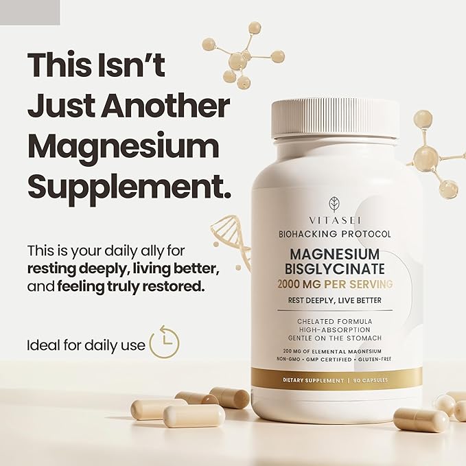 Vitasei Magnesium Bisglycinate – High Absorption Chelated Formula – 2000 mg per Serving (288 mg Elemental Magnesium) for Relaxation, Sleep & Muscle Recovery – Gentle on Stomach – 90 Capsules