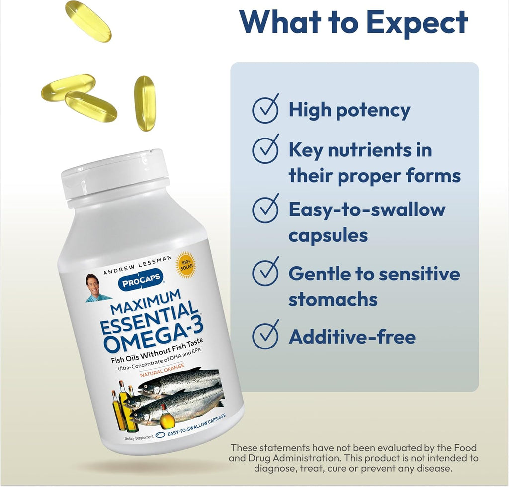 ANDREW LESSMAN Maximum Essential Omega-3 Orange - 90 Softgels - Ultra-Pure, High Potency Omega-3 Oils. High DHA, No Stomach Upset, No Contaminants, No Mercury. Small Easy to Swallow Softgels