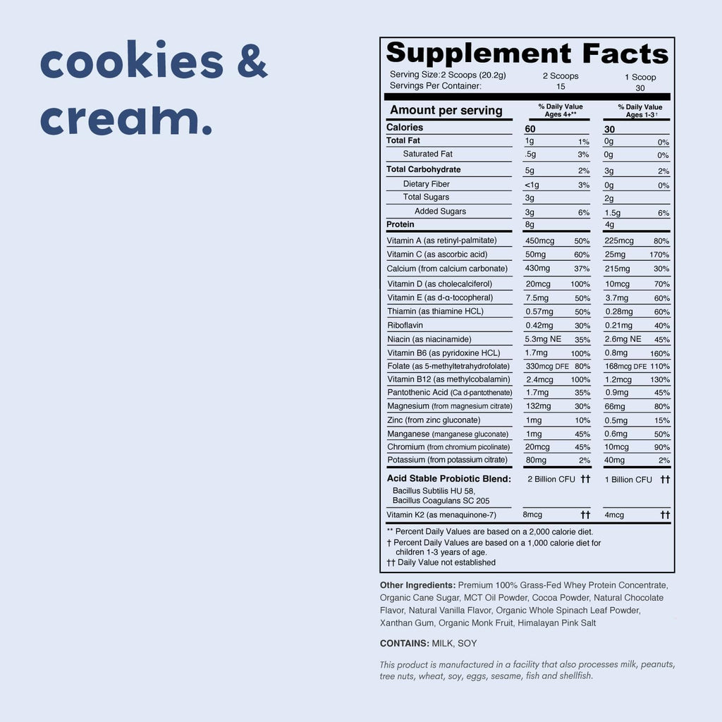 Cookies & Cream Mighty Milk - Kids All-in-One Daily Protein Powder & Multivitamin with Probiotics & Organic Spinach - Natural Flavors, Colors & Sweeteners - 15-30 Servings