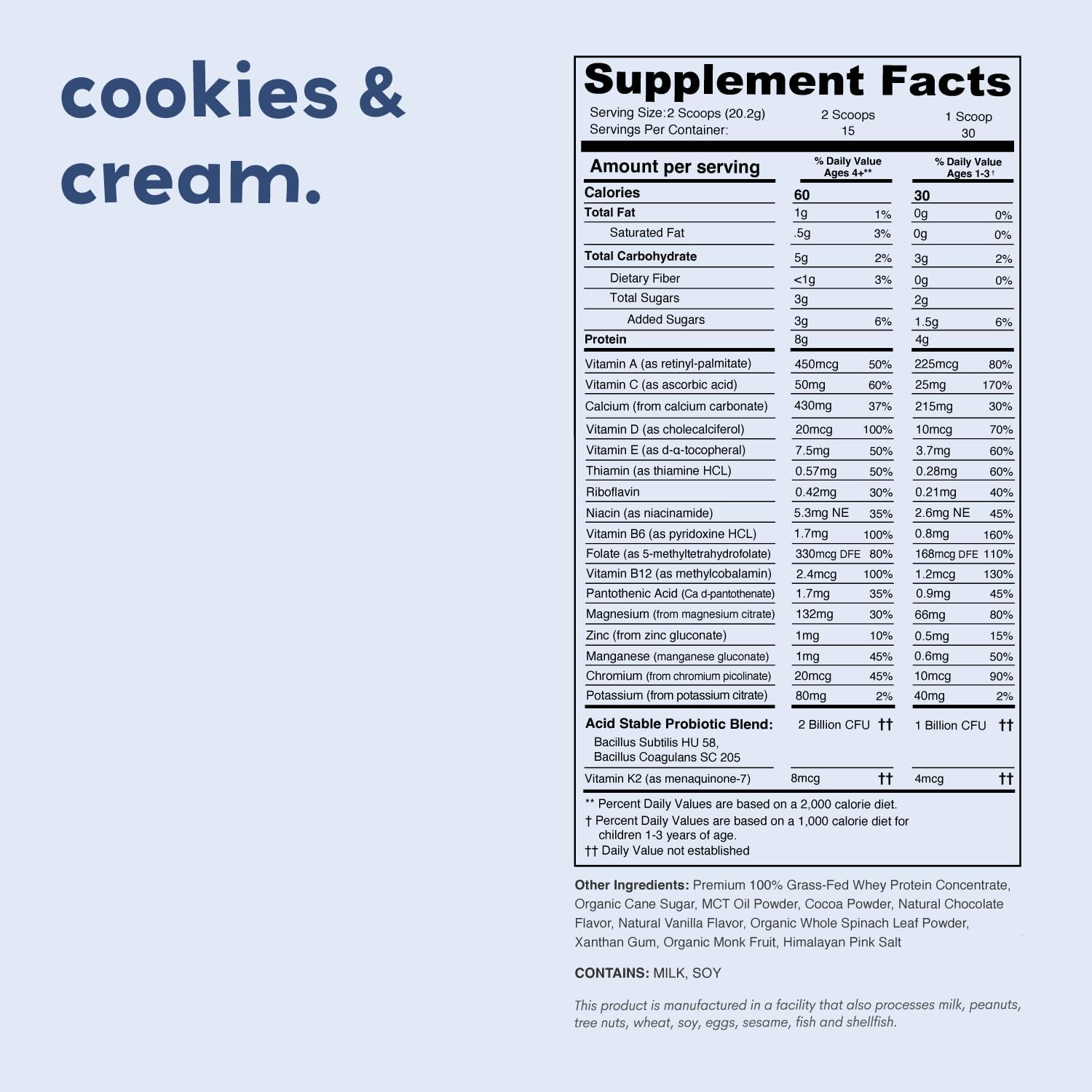 Cookies & Cream Mighty Milk - Kids All-in-One Daily Protein Powder & Multivitamin with Probiotics & Organic Spinach - Natural Flavors, Colors & Sweeteners - 15-30 Servings