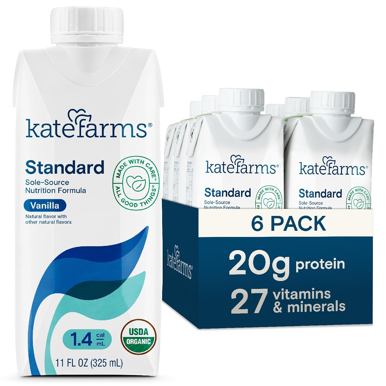 KATE FARMS Organic 1.4 High Calorie Nutrition Shake, Vanilla, 20g Protein, 27 Vitamins and Minerals, Meal Replacement, 11 oz (6 Pack)