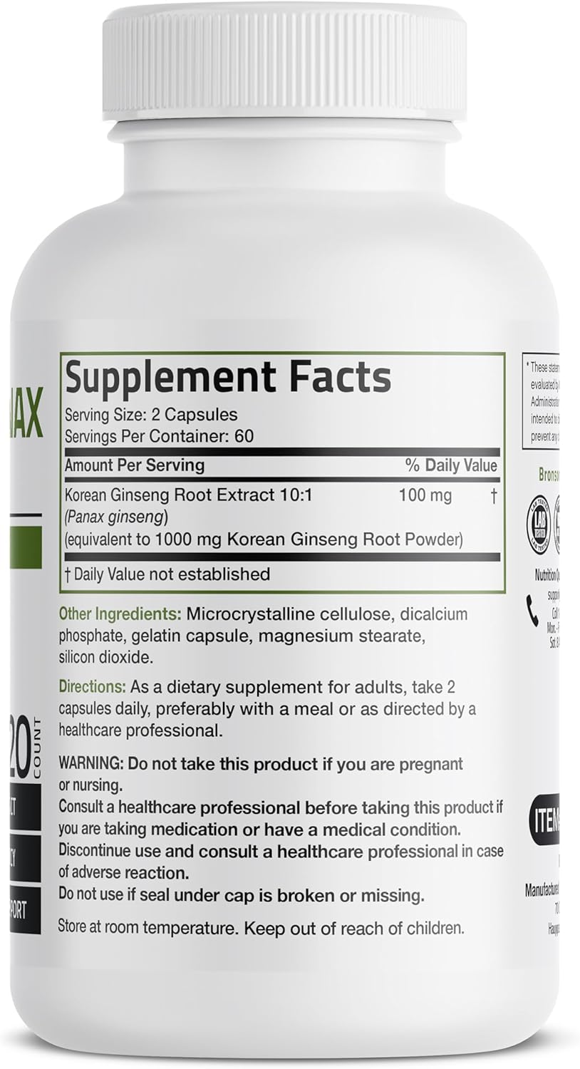 Bronson Korean Panax Ginseng Supports Energy, Endurance & Vitality + Memory and Mental Performance, 120 Capsules