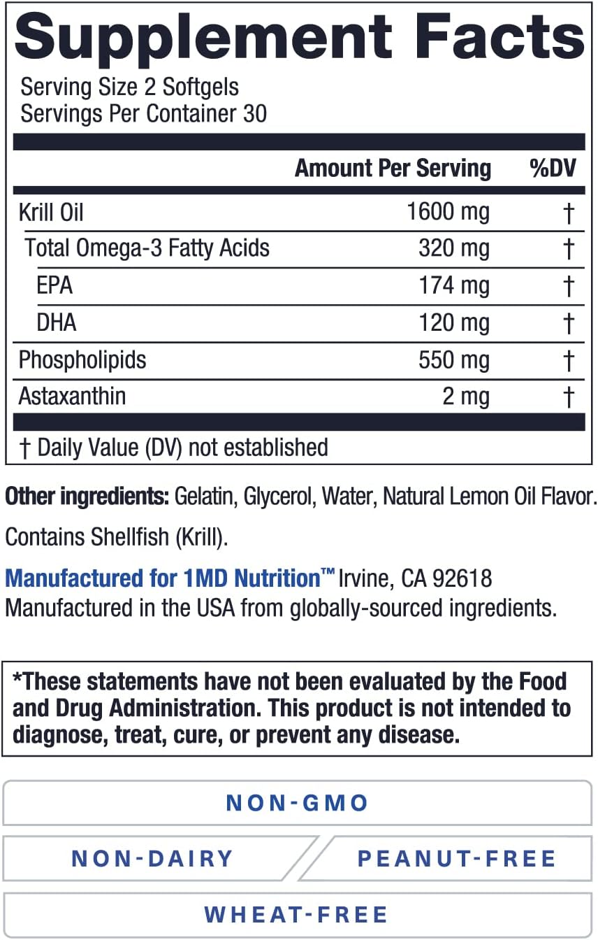 1MD Nutrition KrillMD - Antarctic Krill Oil Omega 3 Supplement with Astaxanthin, EPA, DHA | 2X More Effective Than Fish Oil | 60 Softgels (2-Pack)