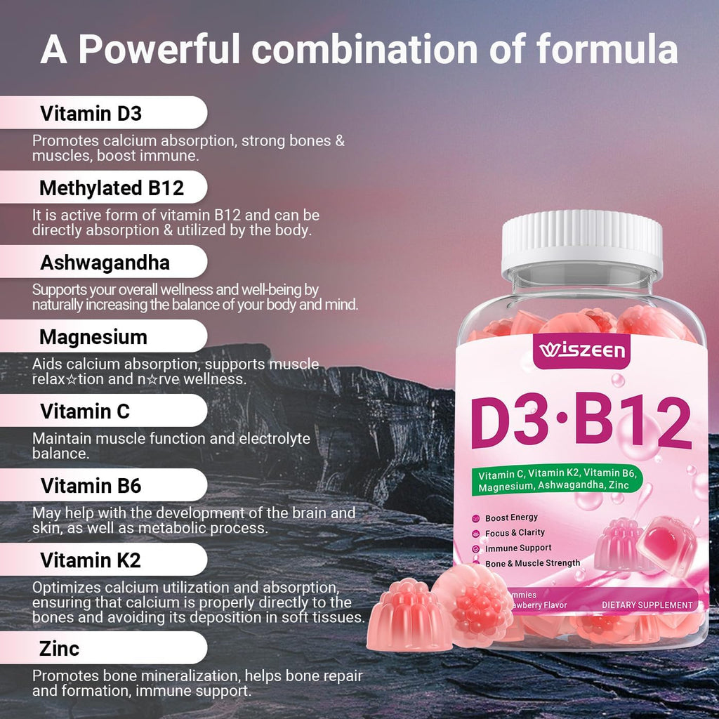 Vitamin D3 B12 Gummies, Vitamin D3 10000 IU & Methylated B12 500mcg for Adults, D3 B12 Vitamin Supplement with Ashwagandha, Magnesium, Vitamin K2 for Immune & Energy Support