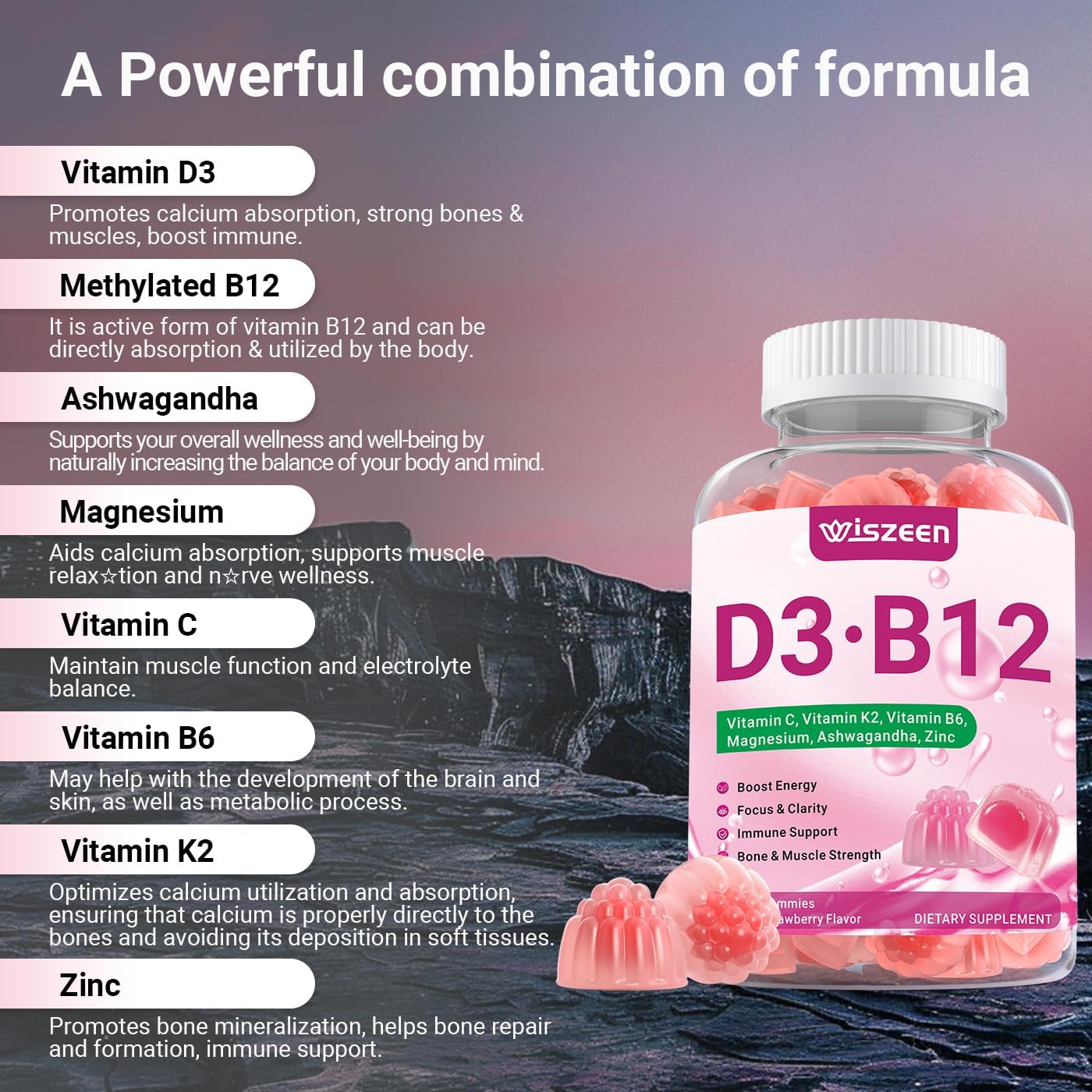Vitamin D3 B12 Gummies, Vitamin D3 10000 IU & Methylated B12 500mcg for Adults, D3 B12 Vitamin Supplement with Ashwagandha, Magnesium, Vitamin K2 for Immune & Energy Support