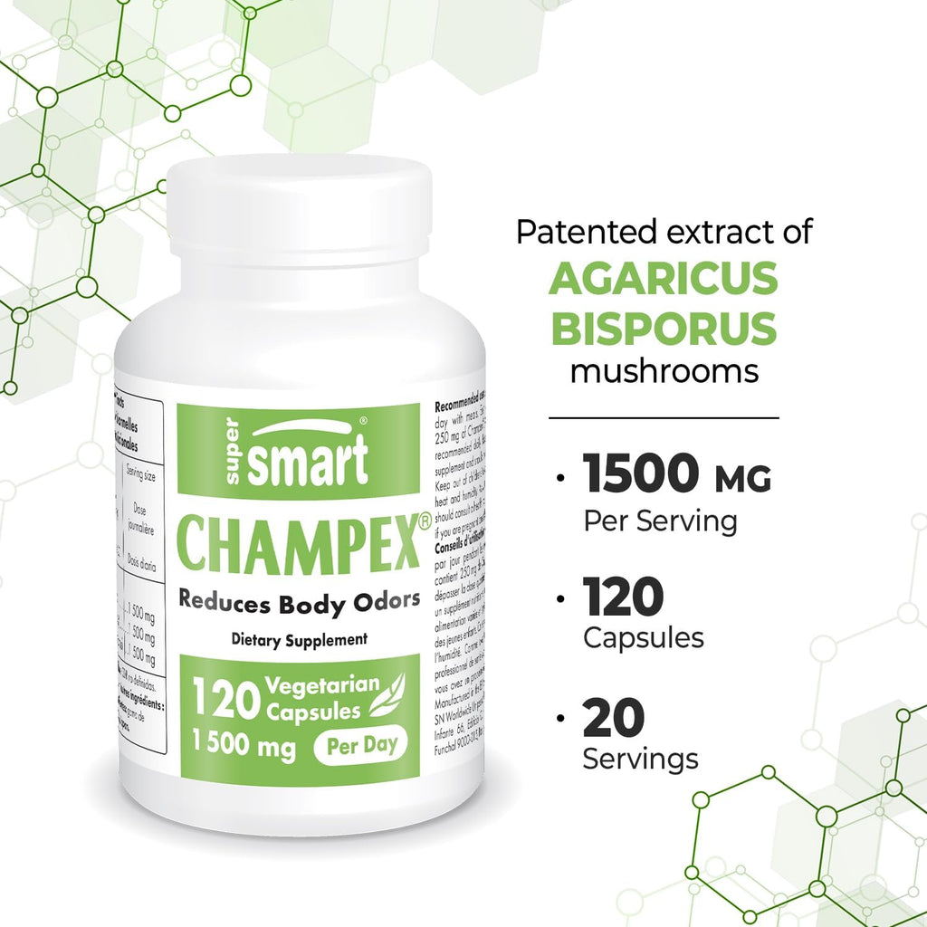 Supersmart - Champex Mushroom (Agaricus Bisporus Extract) 1500 mg per Day - Body Odor & Bad Breath Supplement - Internal Deodorizer | Non-GMO & Gluten Free - 120 Vegetarian Capsules