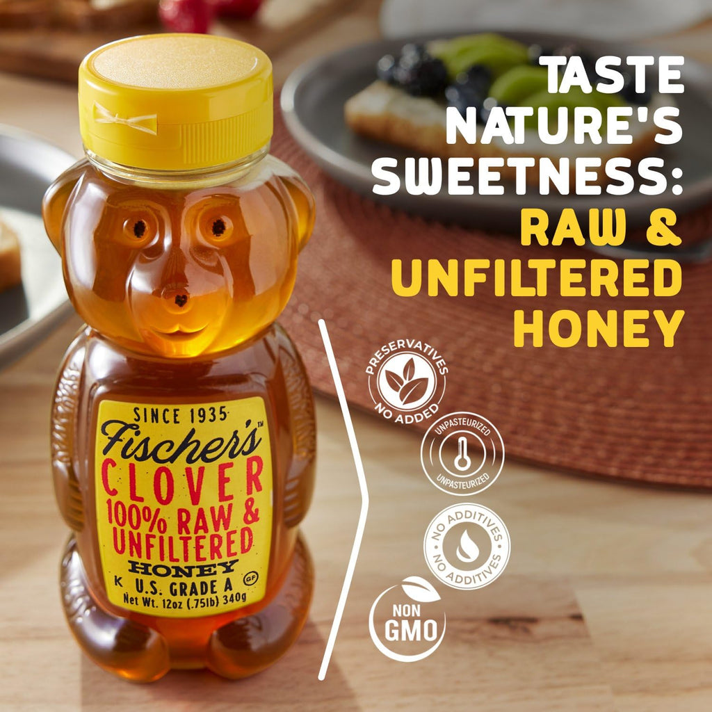 Fischer's Clover Honey, 12 Oz – 100% Pure, Raw & Unfiltered Honey – Squeezable Bear Bottle – Gluten-Free, Non-GMO – All-Natural Sweetener