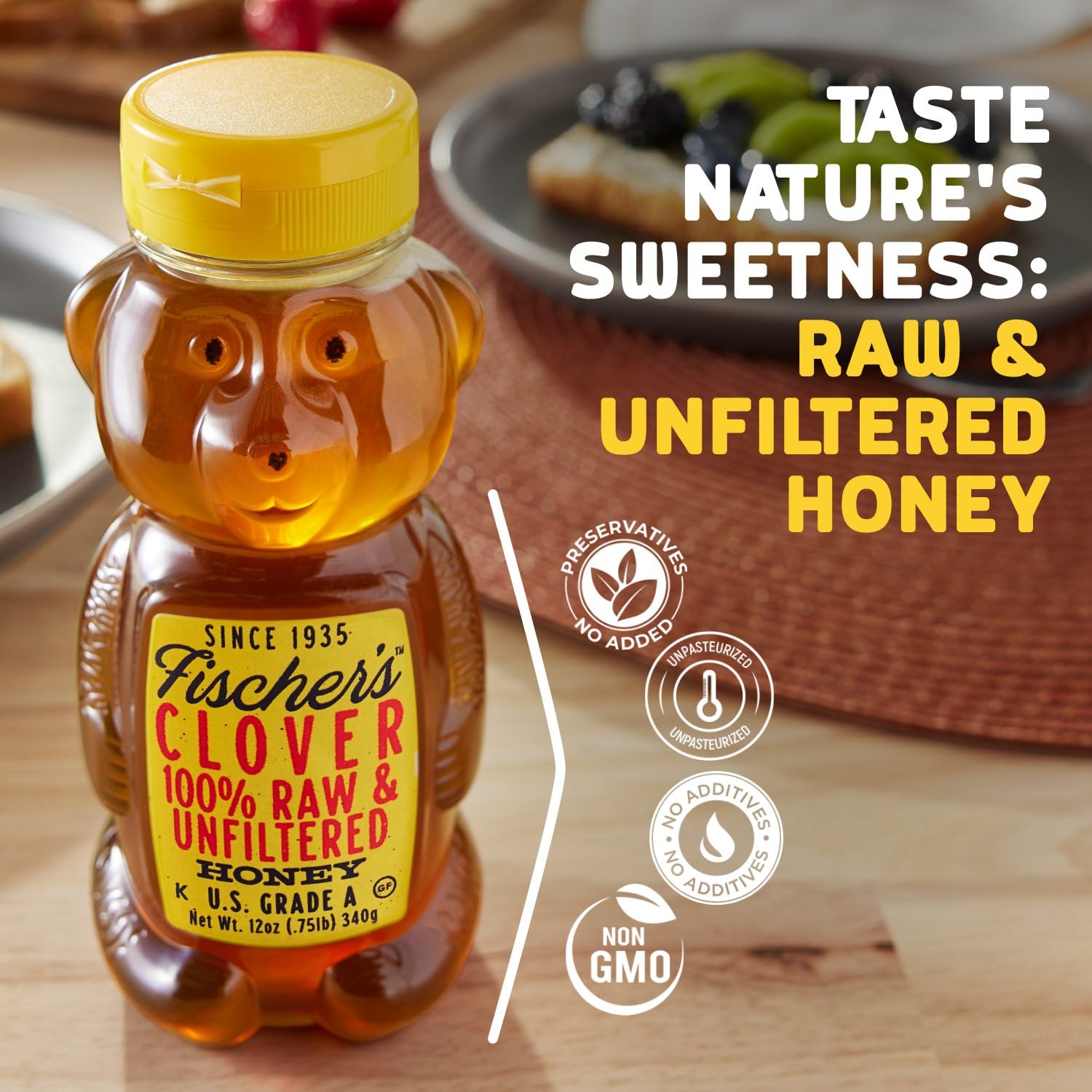 Fischer's Clover Honey, 12 Oz – 100% Pure, Raw & Unfiltered Honey – Squeezable Bear Bottle – Gluten-Free, Non-GMO – All-Natural Sweetener