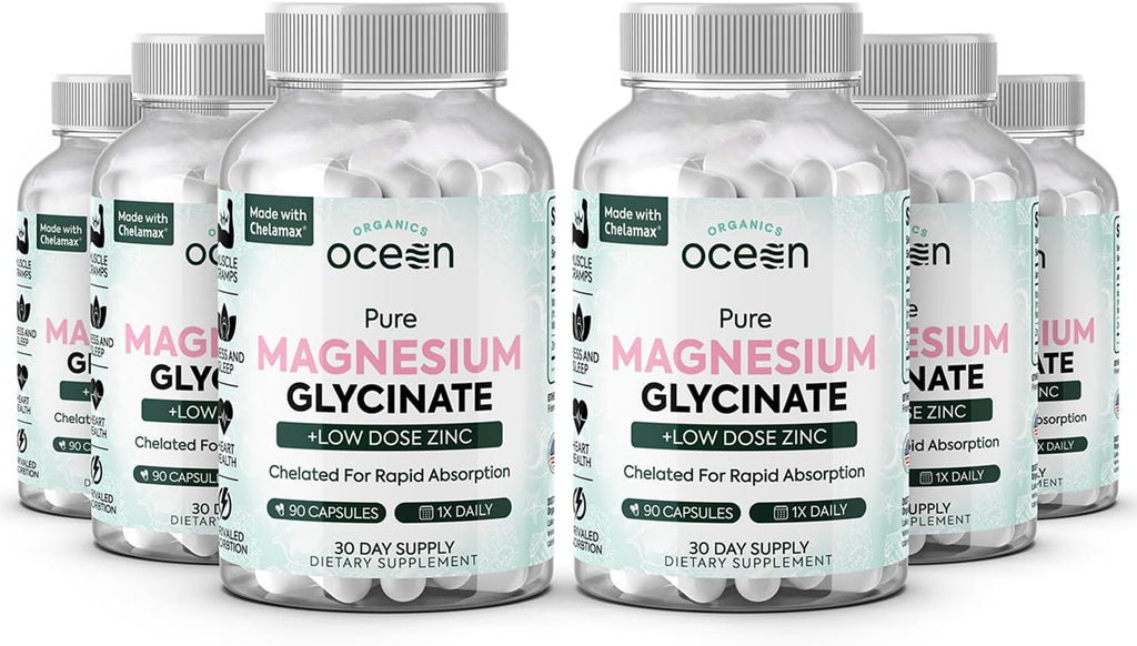 Pure Magnesium Glycinate with Zinc - Maximum Strength Chelated Magnesium Supplement for Women and Men for Muscle Cramps and Sleep Support - 6 Bottles