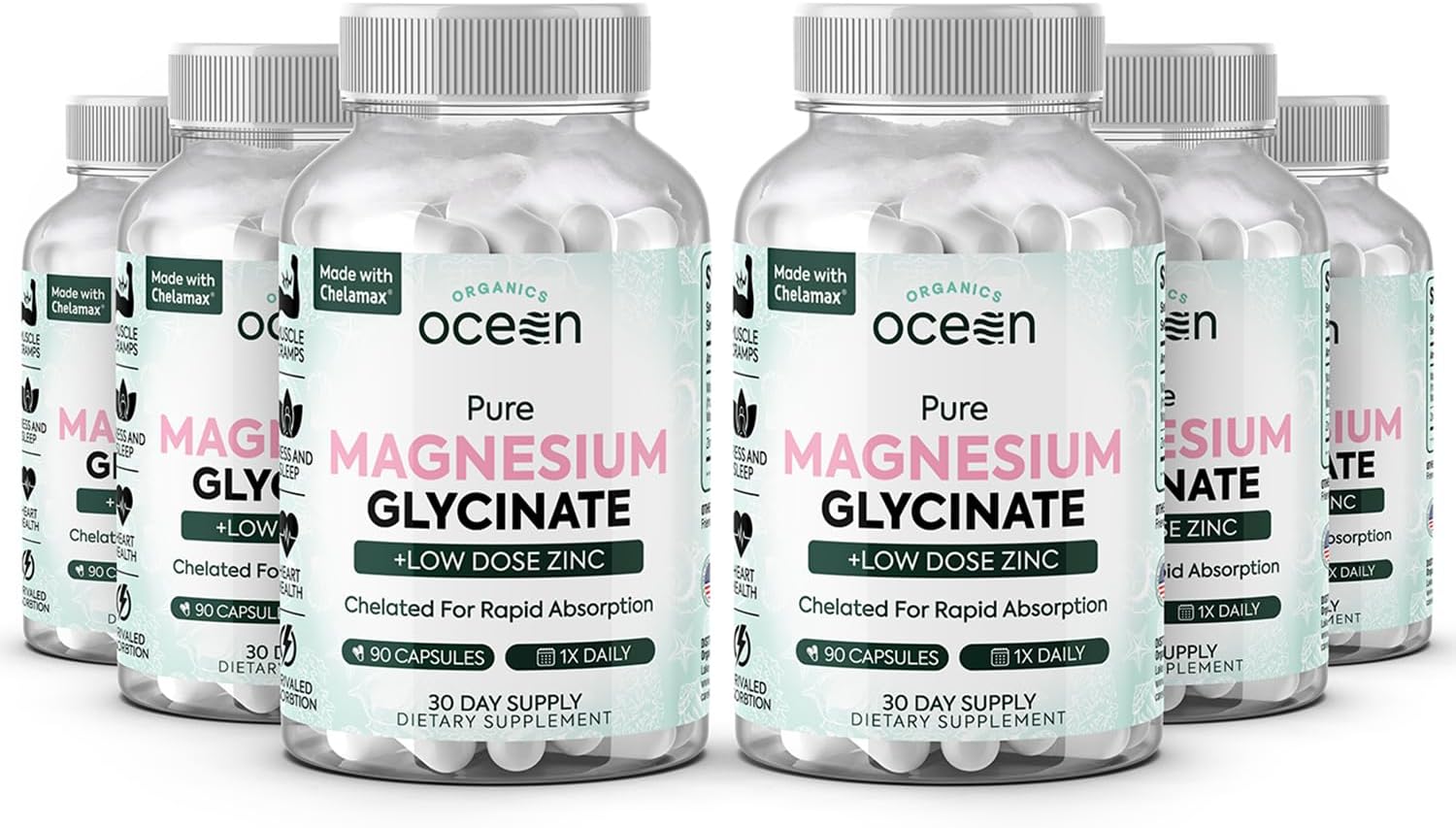 Pure Magnesium Glycinate with Zinc - Maximum Strength Chelated Magnesium Supplement for Women and Men for Muscle Cramps and Sleep Support - 6 Bottles