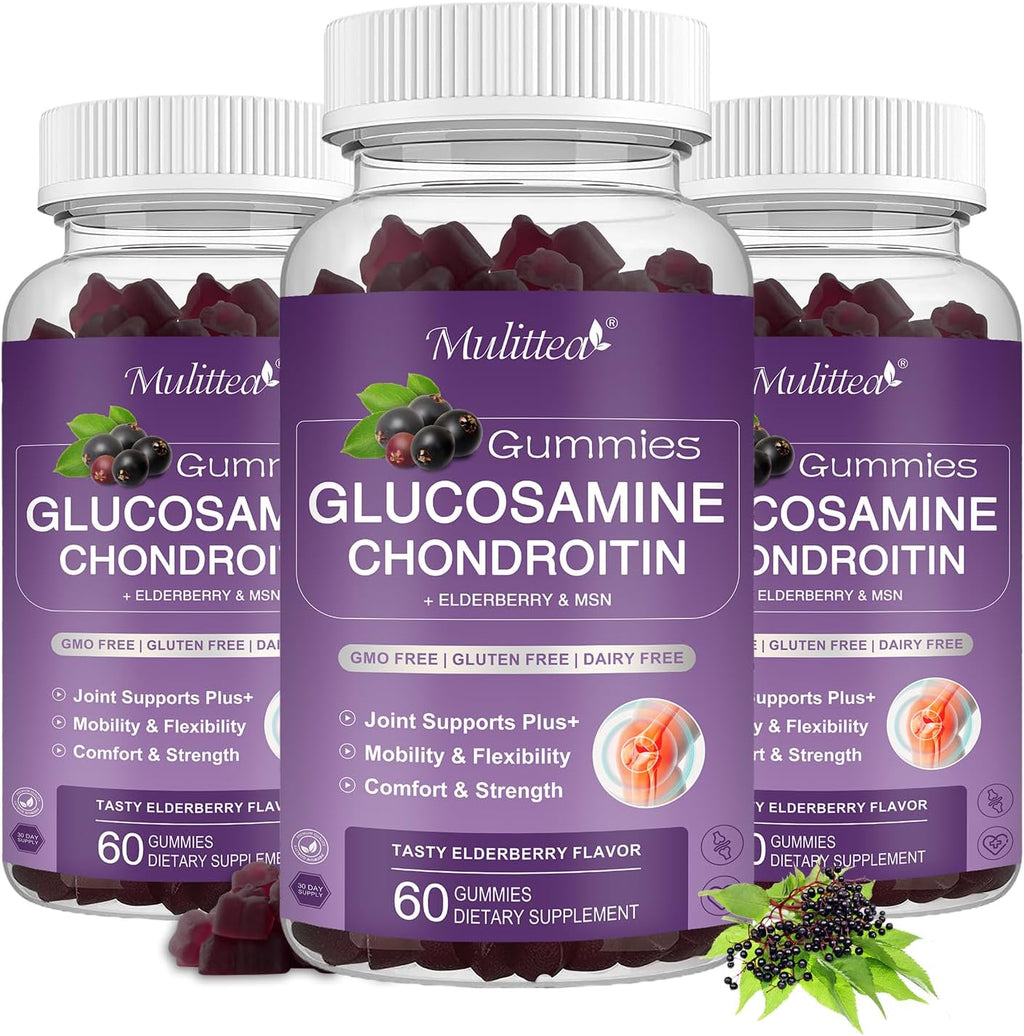 Mulittea Glucosamine Chondroitin Gummies - Extra Strength Joint Support Supplement with MSM & Elderberry for Natural Joint, Antioxidant Immune Support for Adults, Men & Women-(3 Pack)