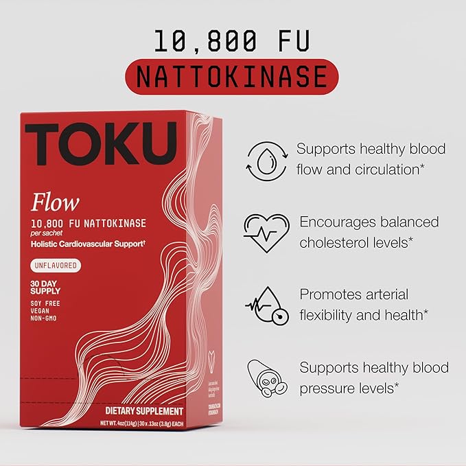 Toku Nattokinase 10,800 FU Supplement with Vitamin K2 MK7 & Oat Beta Glucan, Daily Circulation Support Powder, Plant-Based Drink Mix, Soy-Free, 30 Single-Serve Packets