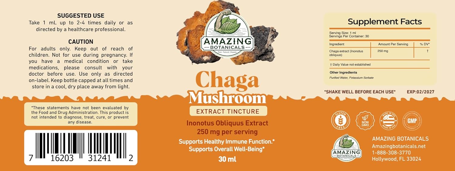 Chaga Mushroom Extract Tincture – 250mg per Serving – Dual Extract Liquid Supplement for Immune Support & Vitality – Vegan, Non-GMO, USA Made, Sugar & Alcohol-Free Drops – 1oz bottle, 30mL