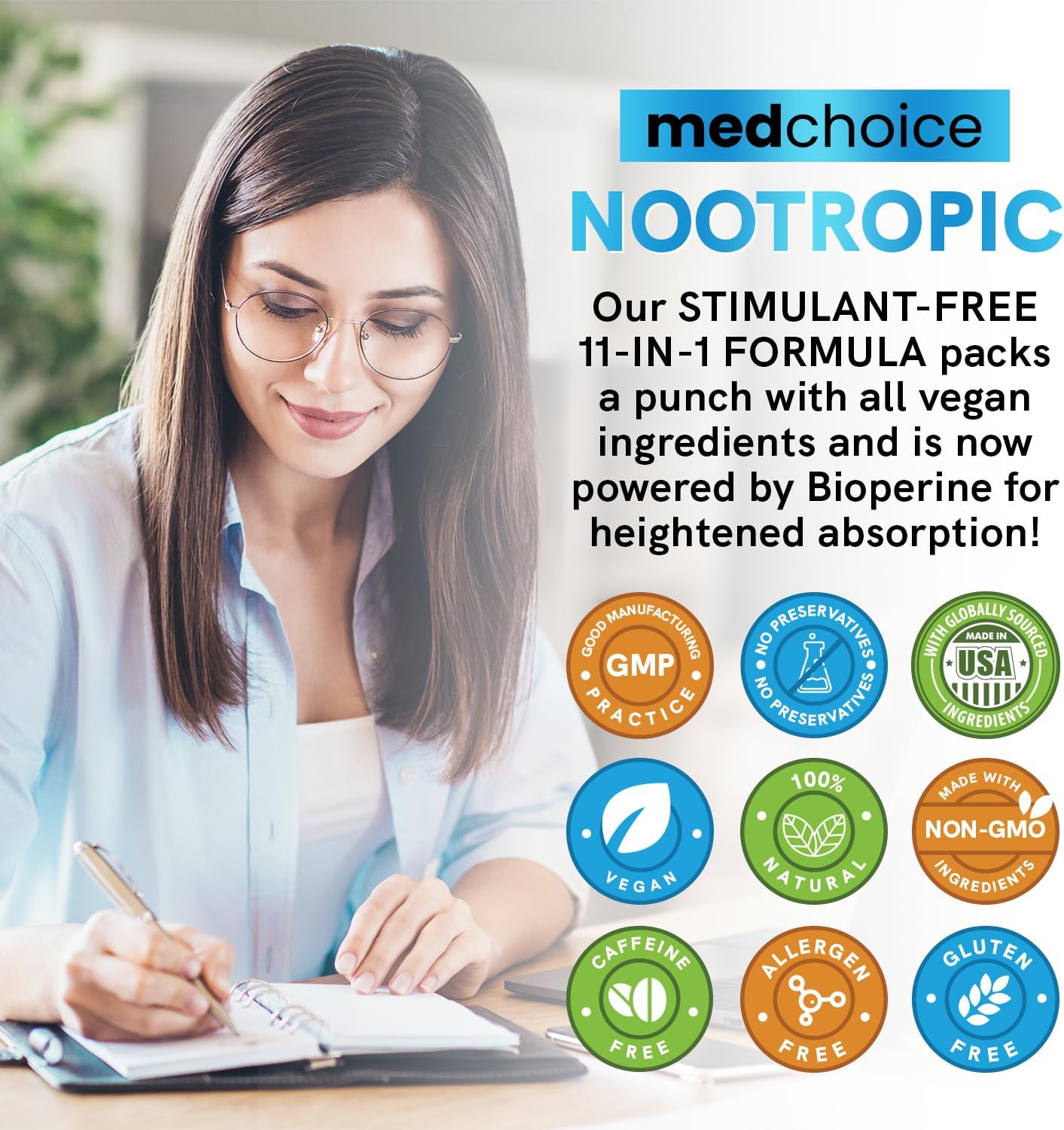 12-in-1 Nootropic Ginkgo Biloba for Brain Support, Memory and Focus - B12, Alpha GPC, L Theanine and Choline Supplements with Bioperine Non Caffeinated 1321mg (60ct)