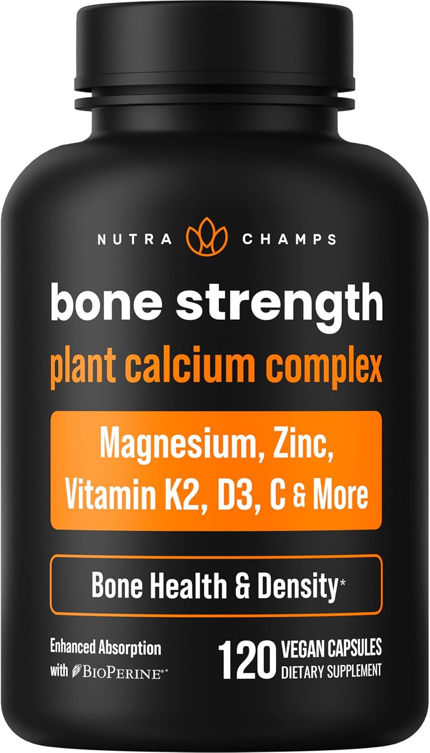 Calcium Supplement for Bone Strength | Plant Calcium Citrate + Vitamin D3, K2, Magnesium, Zinc, Potassium, Boron & Strontium | Premium Extra Strength Bone Health & Density Complex | 120 Vegan Capsules