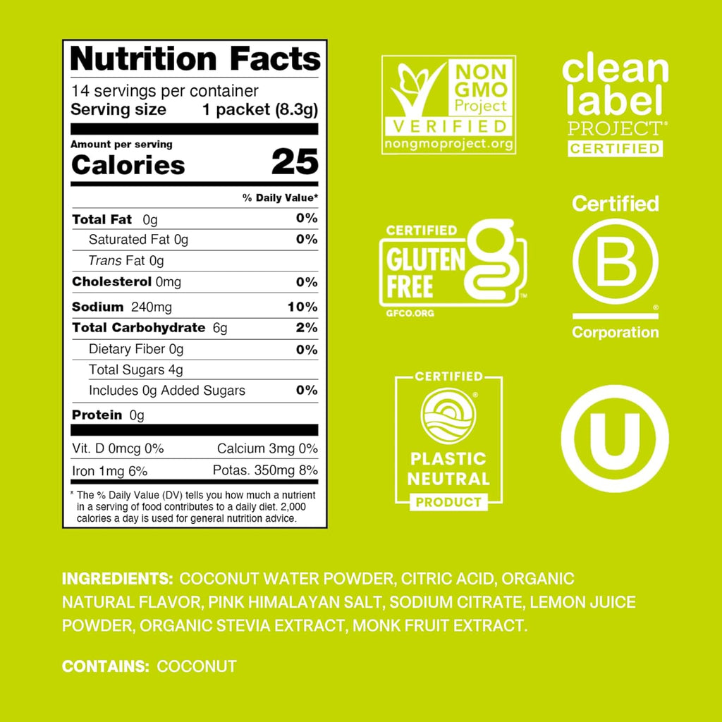 Cure Hydration | Plant-Based Electrolyte Drink Mix | No Added Sugar | FSA-HSA | Dehydration Relief Powder Made with Coconut Water | Non-GMO | Vegan | Pouch of 14 Packets - Lime