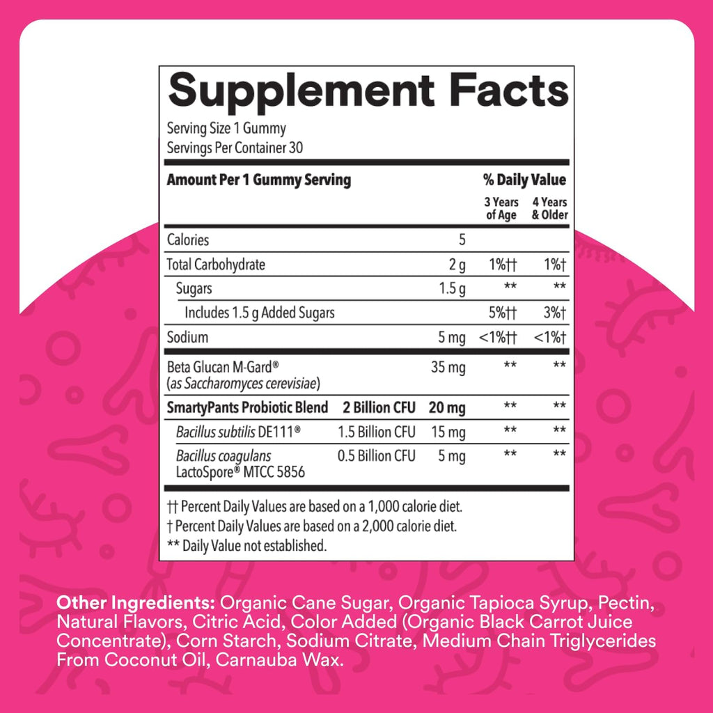 SmartyPants Kids Probiotic Gummies for Digestive Health: 2 Billion CFU Gut Health and Immune Support Supplement, Clinically Studied Probiotic, Gluten Free, Grape, 30 Count (30 Day Supply)