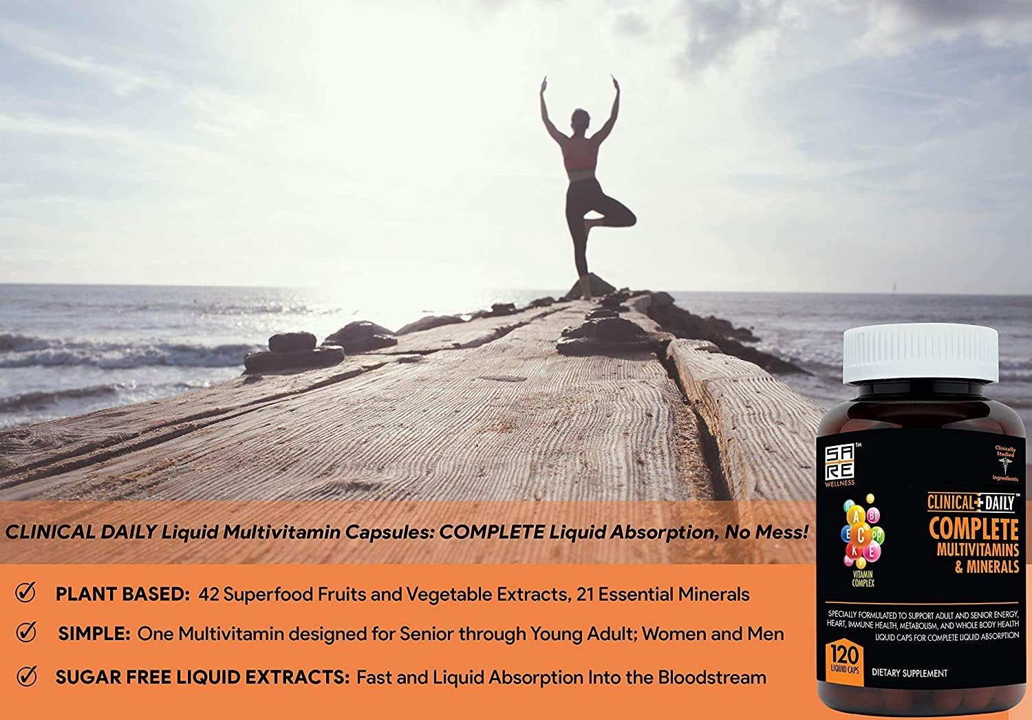 Clinical Daily Complete Whole Food Multivitamin Supplement for Women & Men - Complete Liquid Vitamin Absorption! 42 Superfood Fruits Vegetables - Young Adult to Senior - 120 Liquid Capsules