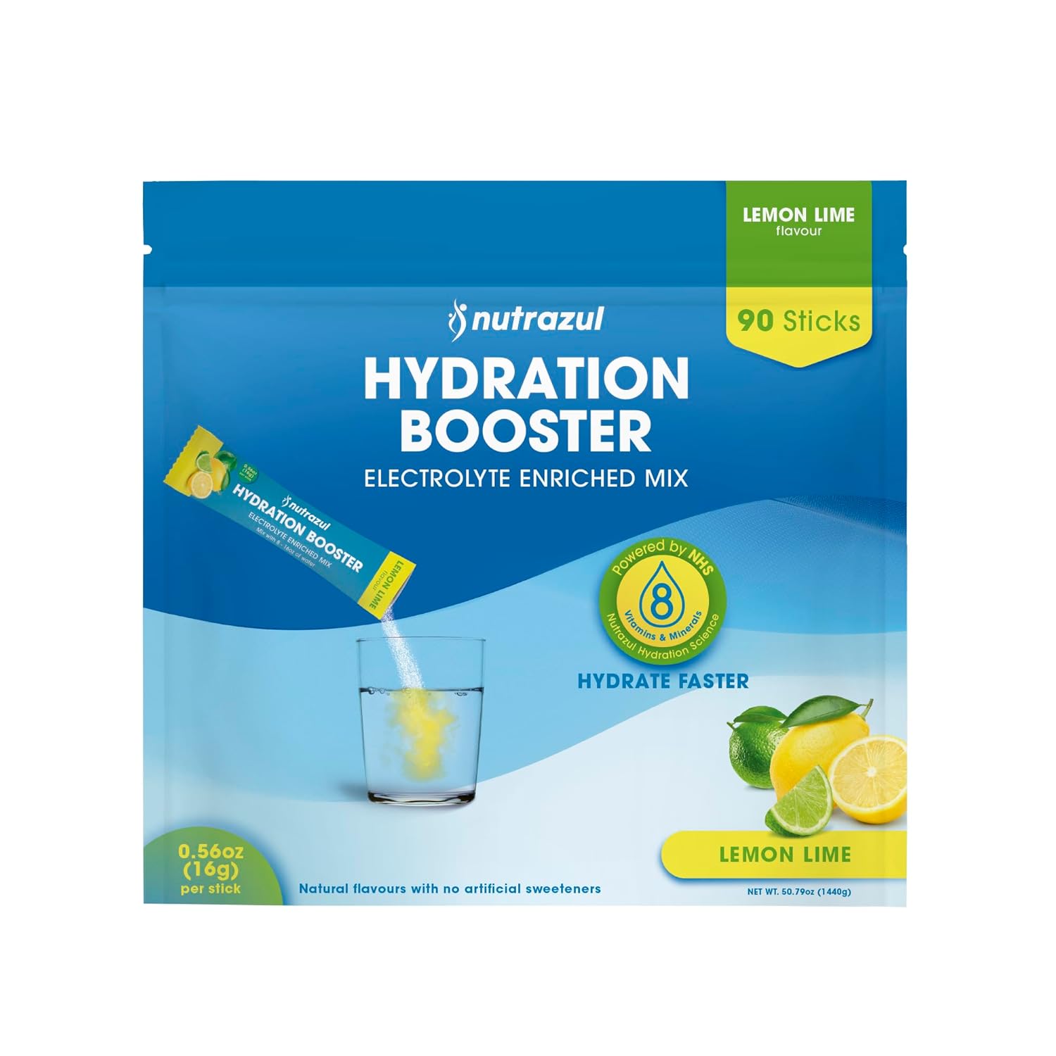 Nutrazul Hydration Booster | Supports Rapid Hydration | Electrolyte Enriched Mix | No Artificial Sweeteners | Lemon Lime Flavour| Vegan, Gluten-Free, Non-GMO | 90 Sticks