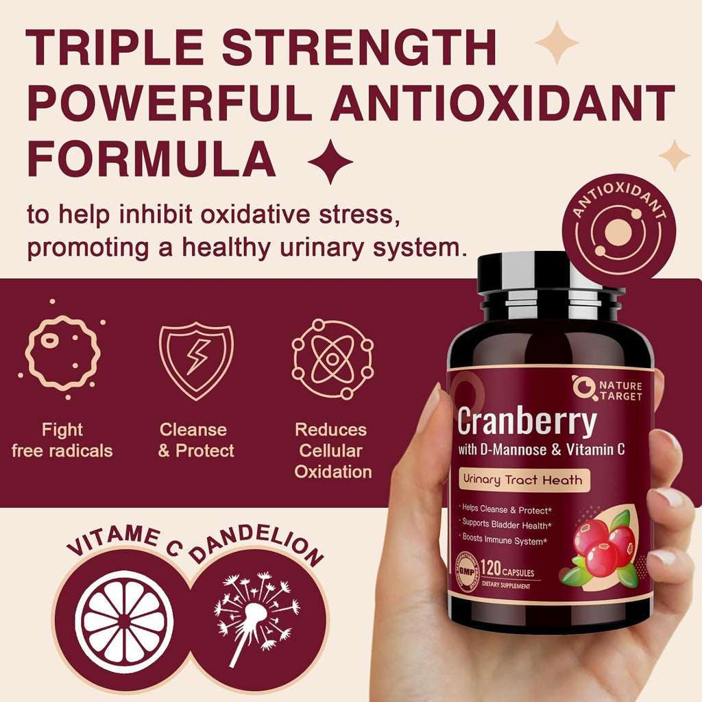 NATURE TARGET Cranberry Pills with D-Mannose for Women - Super Strength 80:1 Extract - Cranberry Supplement 16800 mg with Vitamin C, Supports Urinary Tract Health, Bladder Control, 120 Veggie Capsules