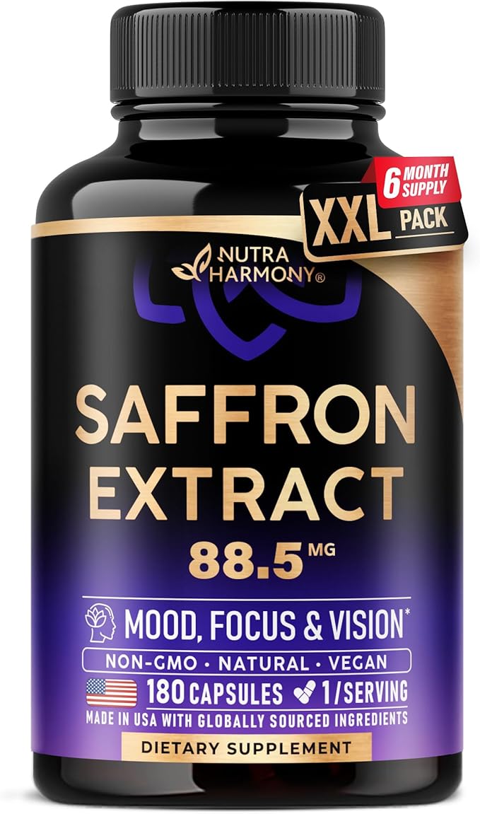 Natural Saffron Supplements - Pure Saffron Extract 88.5 mg - Made in USA - Mood | Focus | Vision | Energy Support - Eye Health for Women & Men - NonGMO Vegan Pills - 180 Powder Capsules